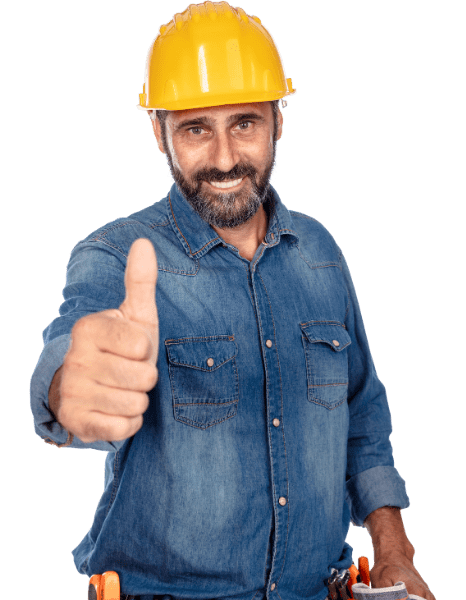 A kitchen fitter wearing a yellow hard hat